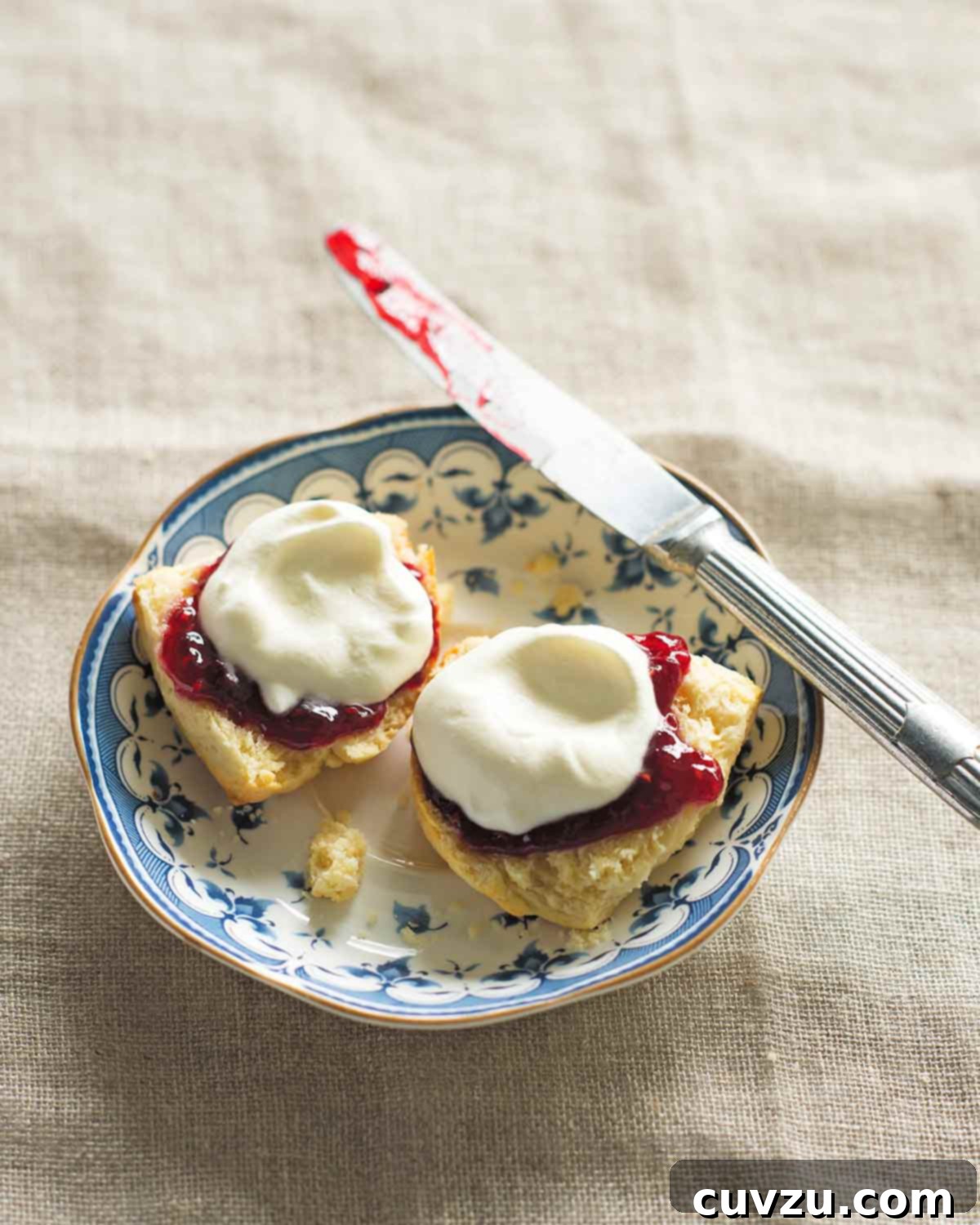 A blue and white saucer with a knife and 2 halves of a cream scone, topped with jam and whipped cream.