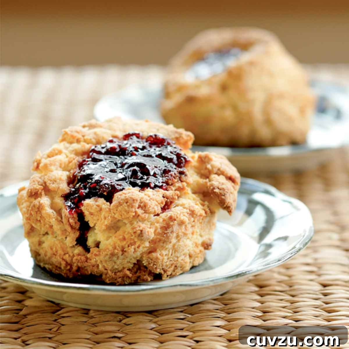 Two Grand Central Bakery jammers, each on a separate plate with jam dripping down the side.