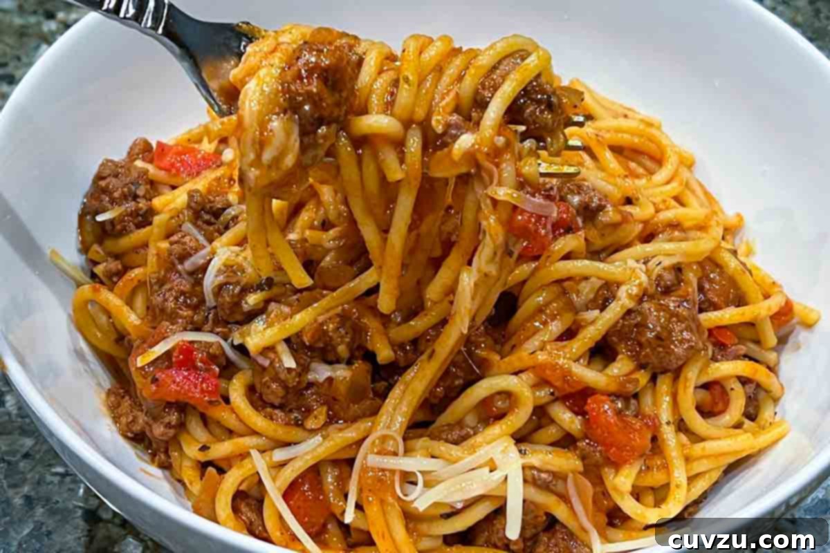 Easy One Pot Spaghetti Dinner 9 A white bowl filled with spaghetti and meat sauce with a fork scooping out a bite.