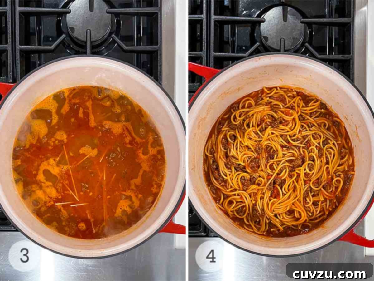 Easy One Pot Spaghetti Dinner 5 A pot of simmering pasta and tomato sauce and a pot with finished spaghetti and meat sauce.