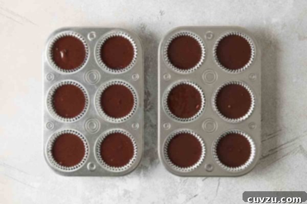 Irresistible Chocolate Muffins 17 Twelve muffin cups filled with muffin batter.