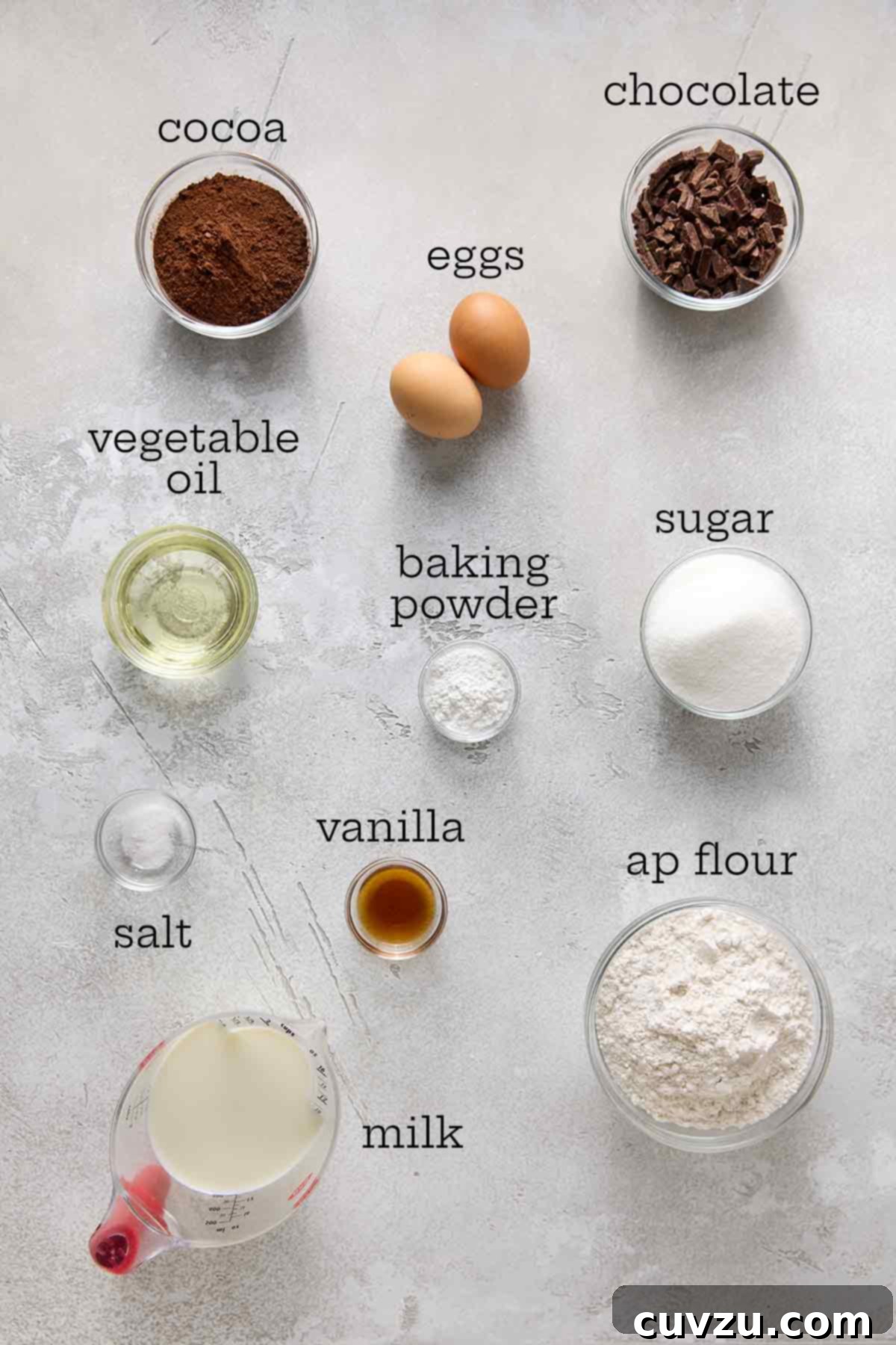 Irresistible Chocolate Muffins 4 Ingredients for chocolate muffins--cocoa, chocolate, eggs, oil, baking powder, sugar, flour, vanilla, salt, and milk.