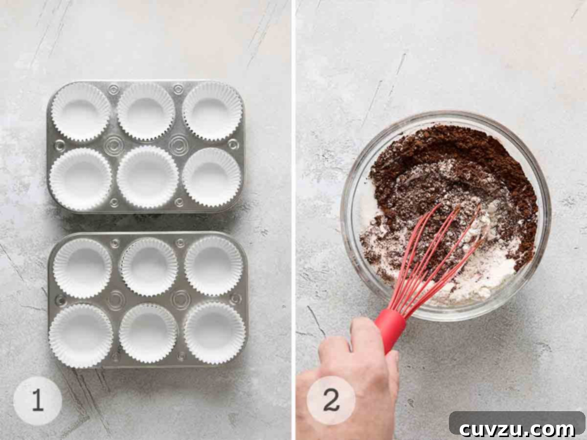 Irresistible Chocolate Muffins 5 Twelve muffin cups lined with white paper liners; a person whisking dry ingredients in a glass bowl.