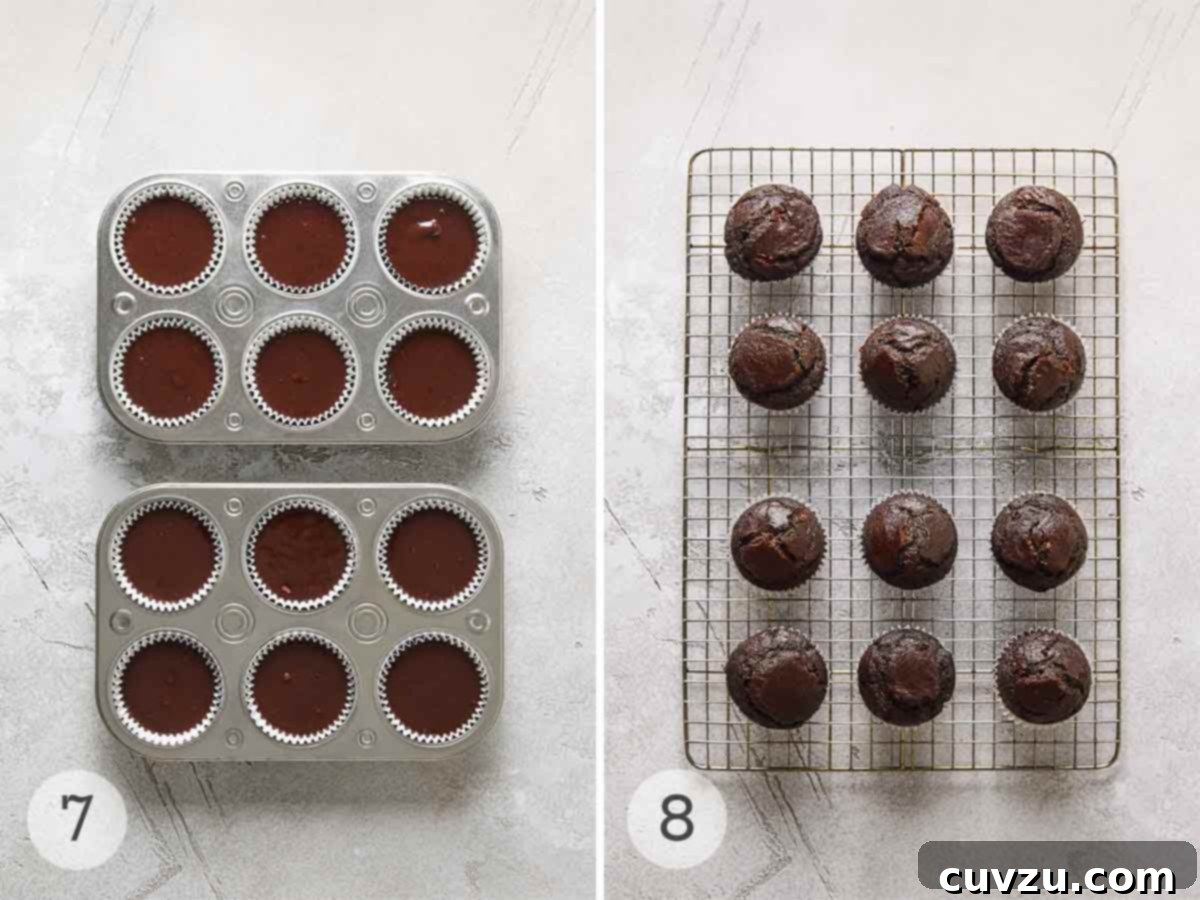 Irresistible Chocolate Muffins 8 Twelve muffin cup liners filled with muffin batter; twelve chocolate muffins cooling on a wire rack.