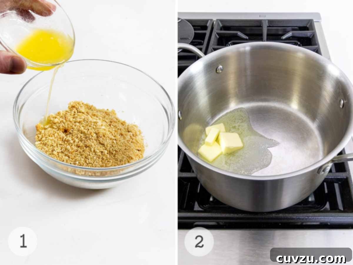 Decadent Brie Mac and Cheese 5 A person pouring butter into a bowl of cracker crumbs and butter melting in a pot on the stove.