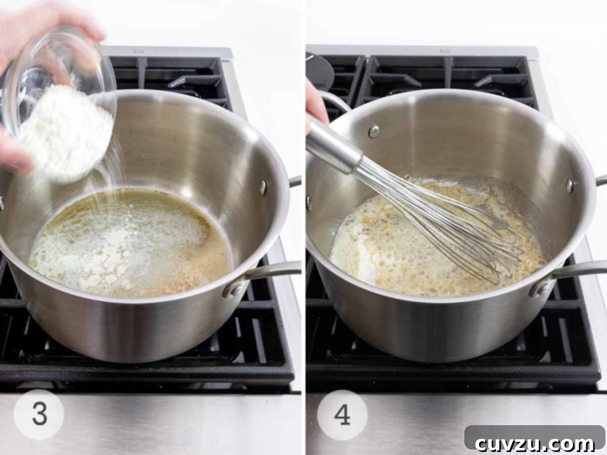Decadent Brie Mac and Cheese 6 Flour being added to melted butter in a pot, and the roux being whisked.