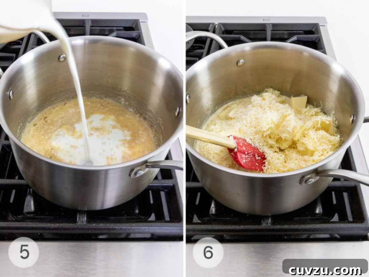 Decadent Brie Mac and Cheese 7 Milk being poured into a roux in a pot, then cheese piled on top of the roux in the same pot.