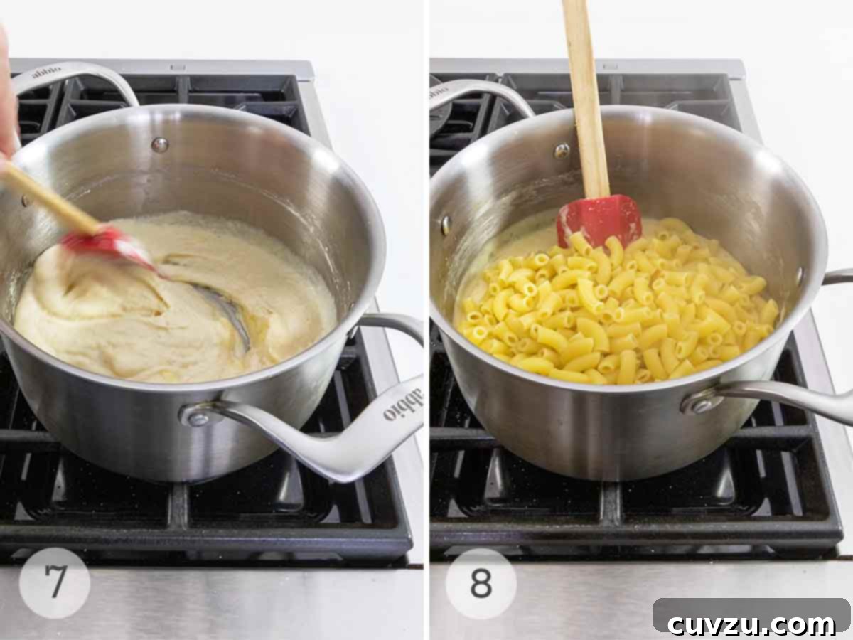 Decadent Brie Mac and Cheese 8 A pot of cheese sauce being stirred and macaroni added to the pot of cheese sauce.