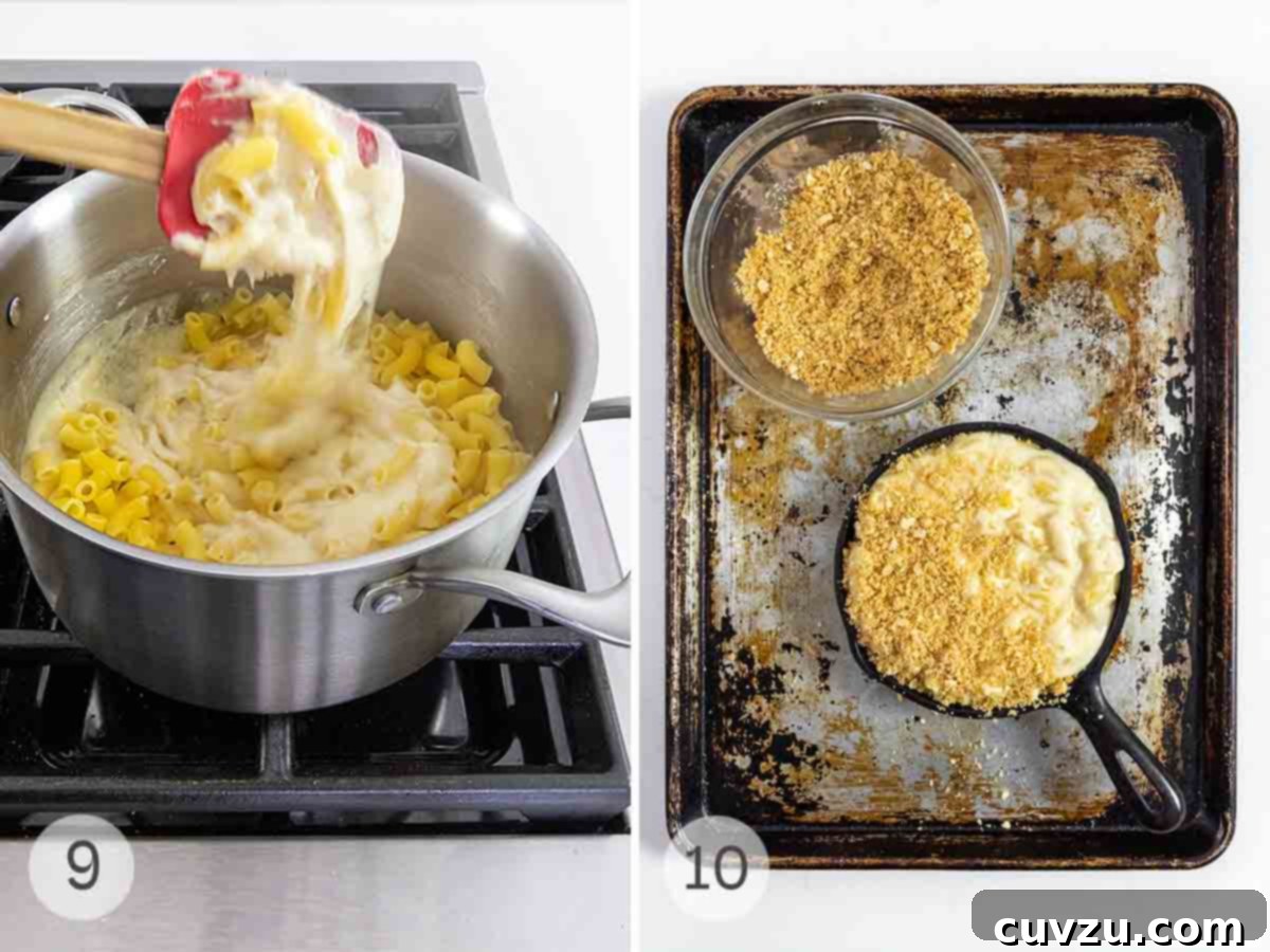 Decadent Brie Mac and Cheese 9 Cheese sauce being stirred into pasta and a skillet of mac and cheese being topped with cracker crumbs.
