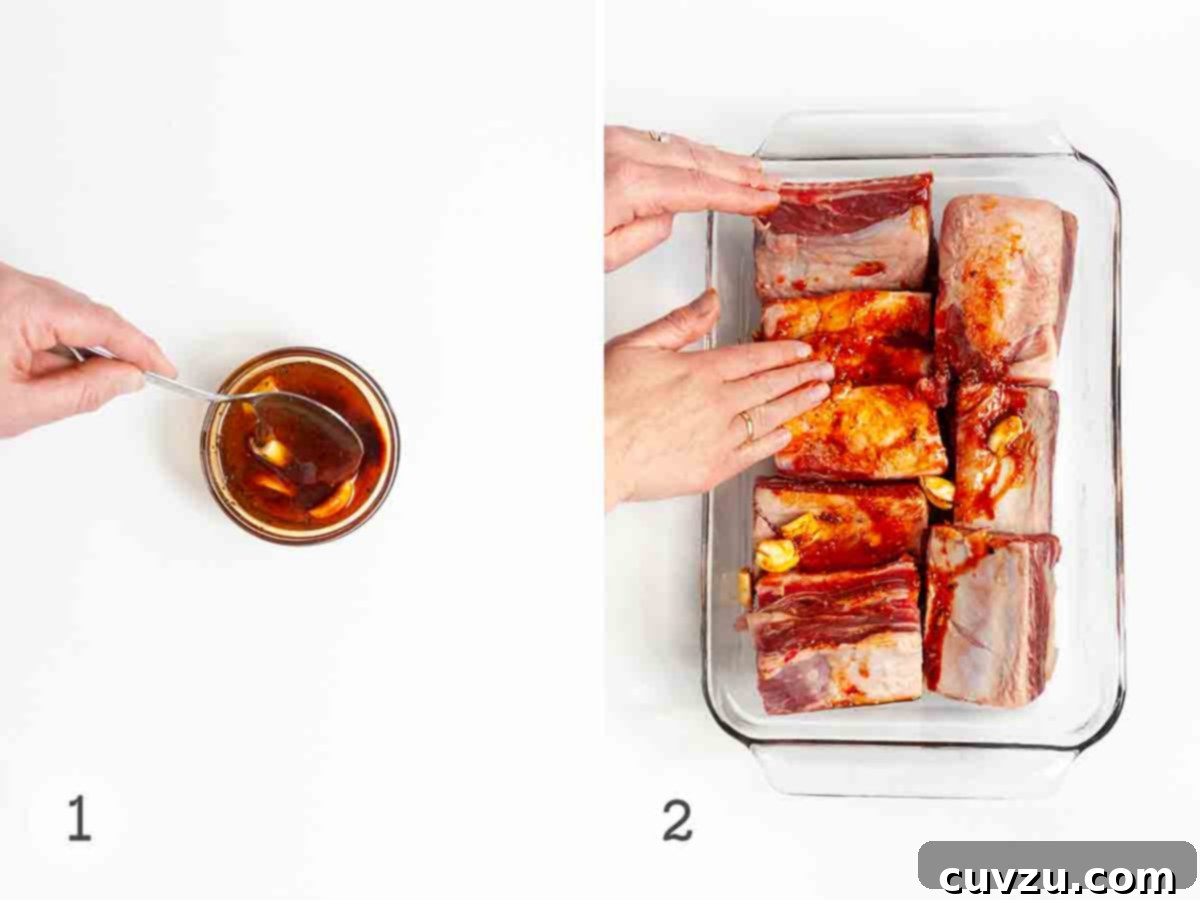 Smoky Bourbon-Glazed Short Ribs 5 A person expertly mixing a marinade and spreading it generously over short ribs arranged in a baking dish, preparing them for their flavorful journey.