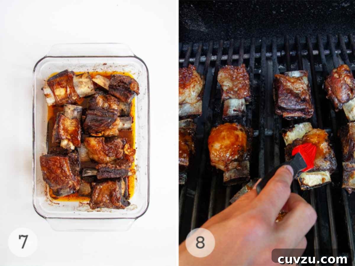 Smoky Bourbon-Glazed Short Ribs 8 Cooked short ribs in a baking dish are being basted with generous amounts of homemade barbecue sauce, ready for their final grill finish.