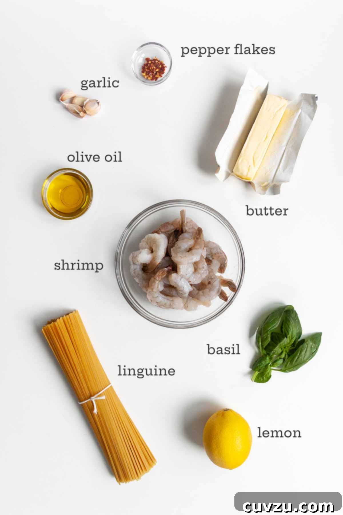 A flat lay of fresh ingredients for garlic butter shrimp pasta including linguine, raw shrimp, fresh basil, lemon halves, butter cubes, red pepper flakes, minced garlic, and olive oil.