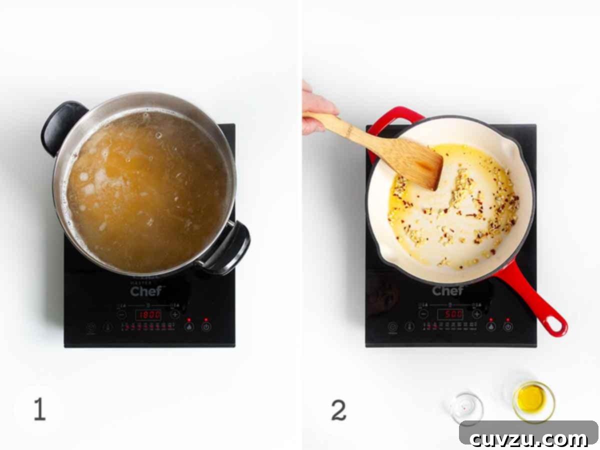 Two sequential images: first, pasta boiling in a large pot; second, minced garlic and red pepper flakes sizzling in olive oil in a skillet.