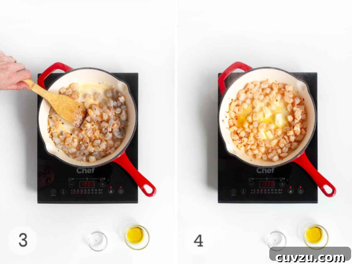 Two sequential images: first, raw shrimp being sautéed in a skillet until pink; second, cubed butter melting into the sauce with the cooked shrimp.