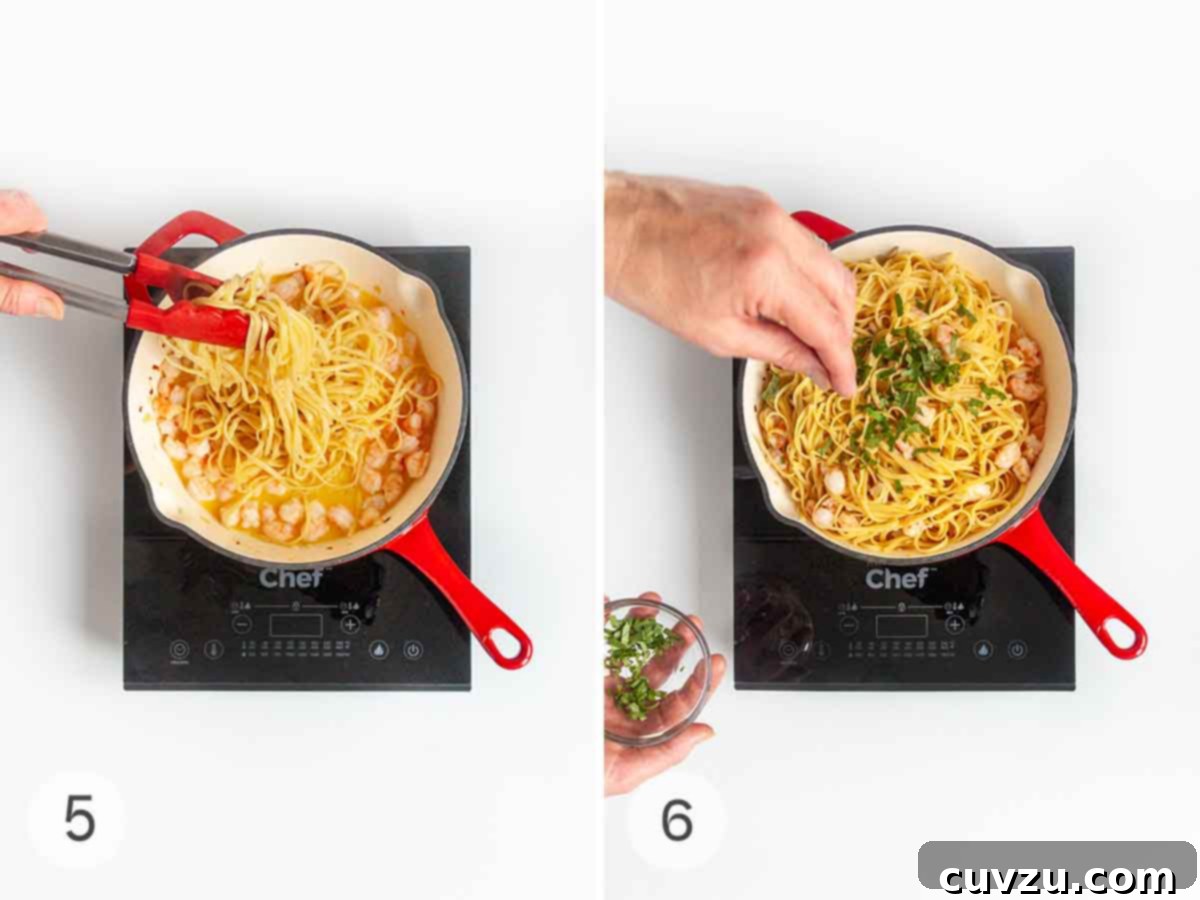 Two sequential images: first, drained pasta being added to the skillet with shrimp and sauce; second, fresh basil being sprinkled over the tossed pasta just before serving.