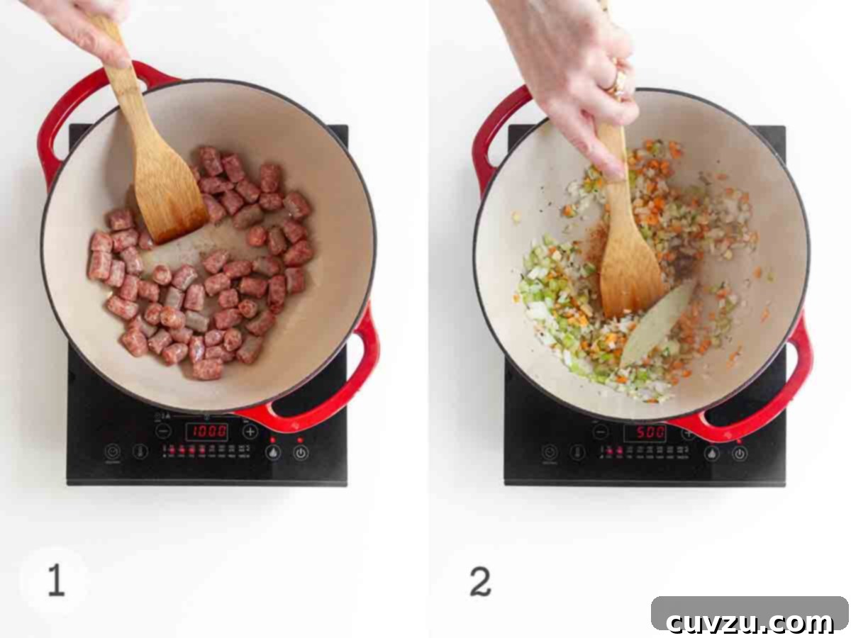 Easy One-Pot Sausage Meatball Pasta 5 The initial stages of cooking one-pot pasta: first, sausage pieces are browned in a Dutch oven, then a person is shown sautéing finely chopped vegetables in the same pot with the sausage drippings.