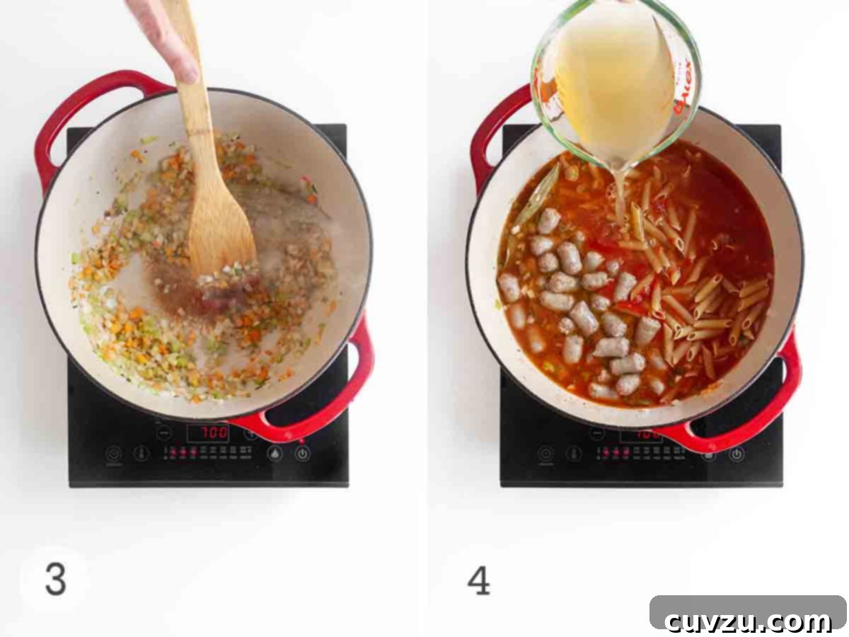 Easy One-Pot Sausage Meatball Pasta 6 The process of making one-pot pasta continues: a close-up shows carrots, onion, and celery gently browning in a Dutch oven, followed by a hand pouring chicken broth into the pot to create the sauce base.