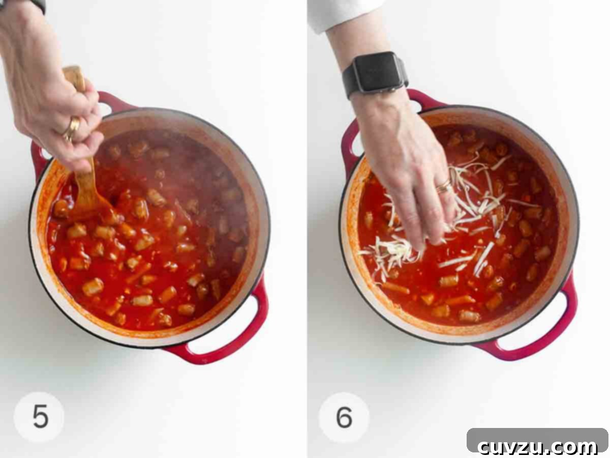 Easy One-Pot Sausage Meatball Pasta 7 A two-part image illustrating the final stages of making one-pot pasta: a person stirring a pot of pasta and meatballs simmering in a rich tomato sauce, and then another person sprinkling a generous layer of shredded cheese over the hot pasta before it melts.