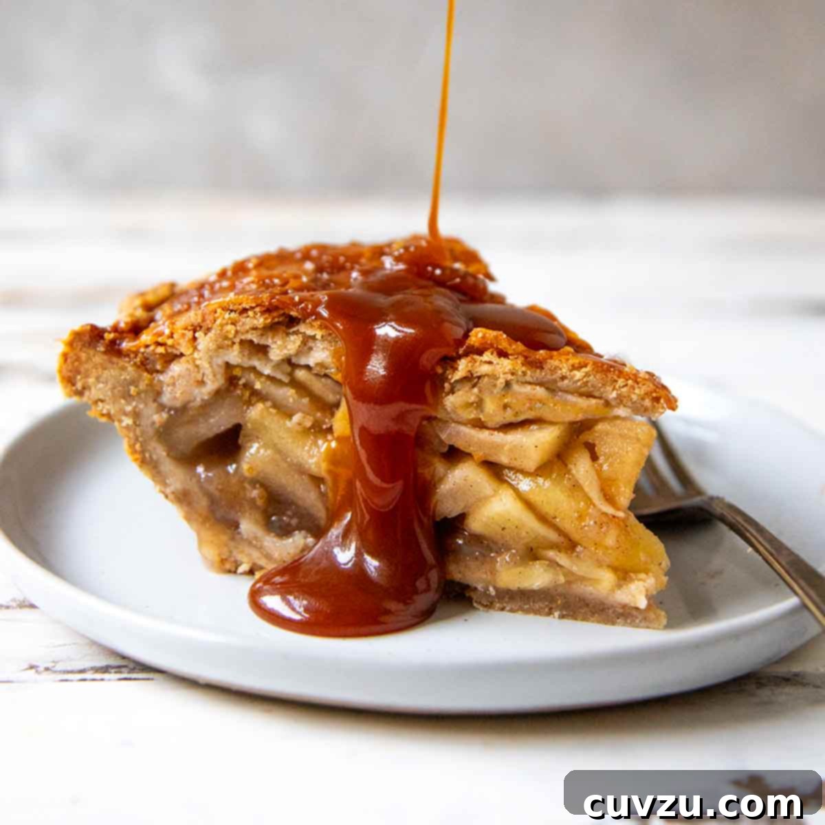 Caramel sauce drizzled over a slice of apple pie on a white plate.