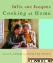 Cover of Julia and Jacques Cooking at Home by Julia Child and Jacques Pepin, a classic culinary reference.