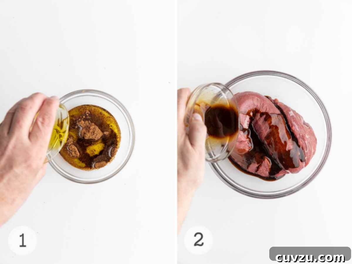 Aromatic Shawarma Beef Tenderloin Roast 5 Two images: one showing olive oil and shawarma spices being mixed in a bowl, and the other showing the spiced oil being poured over a beef tenderloin.