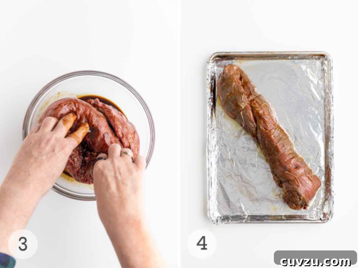 Aromatic Shawarma Beef Tenderloin Roast 6 Two images: one depicting a hand coating beef tenderloin with marinade in a bowl, and the other showing a tied beef tenderloin resting on a foil-lined baking sheet, ready for roasting.