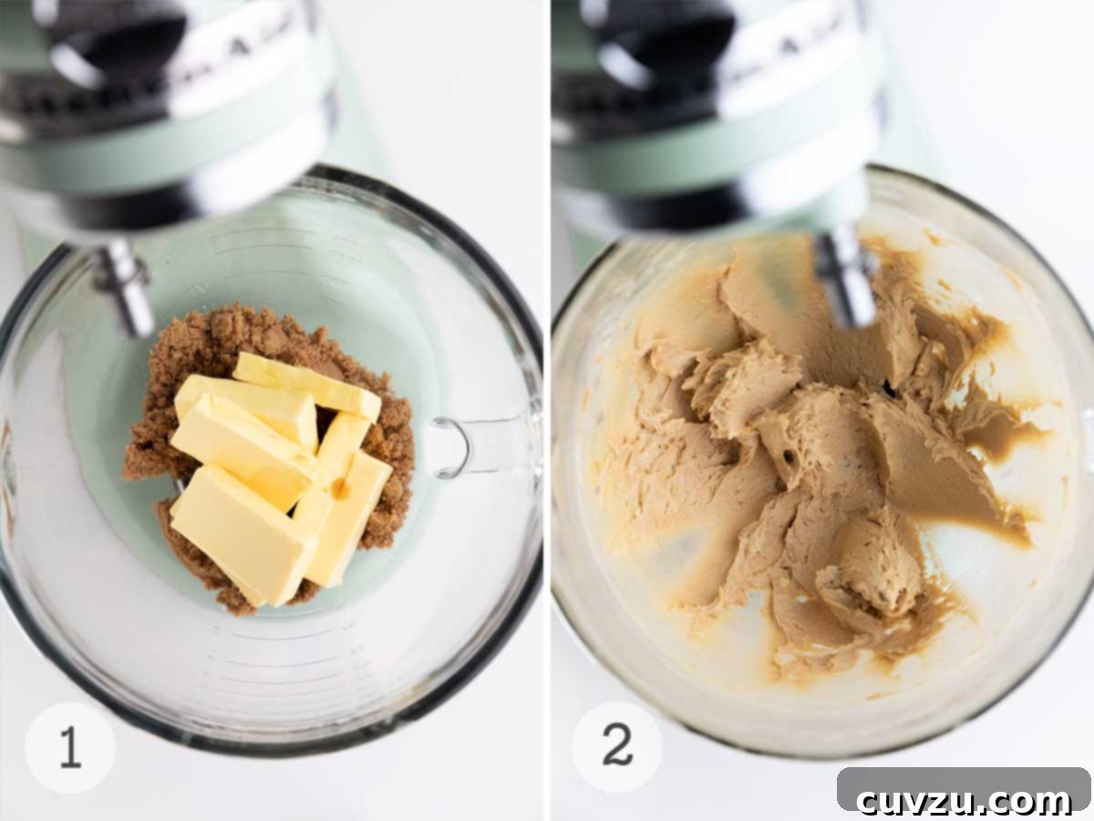 Rich Chocolate Espresso Shortbread 5 A mixer with butter and brown sugar in the bowl; the butter and sugar creamed.