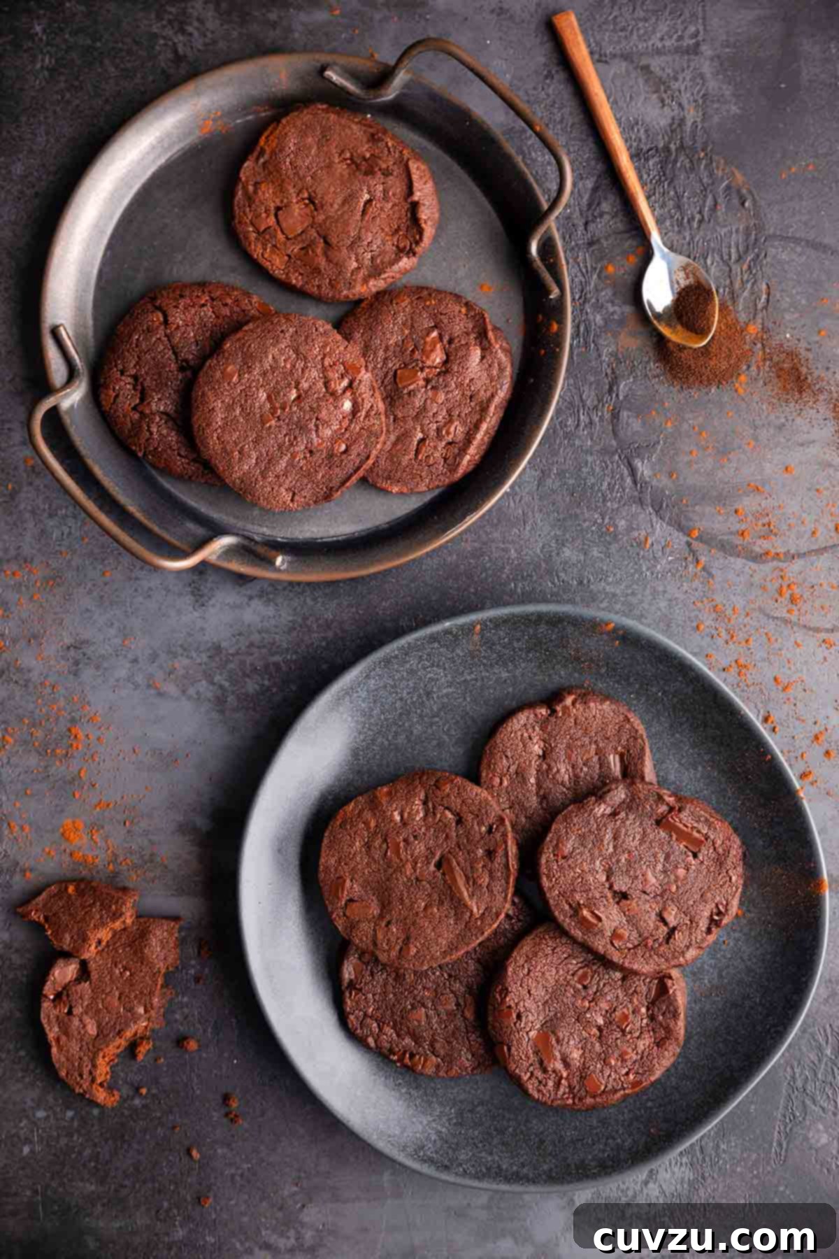 Rich Chocolate Espresso Shortbread 9 Two plates with a of chocolate espresso shortbread cookies on them.