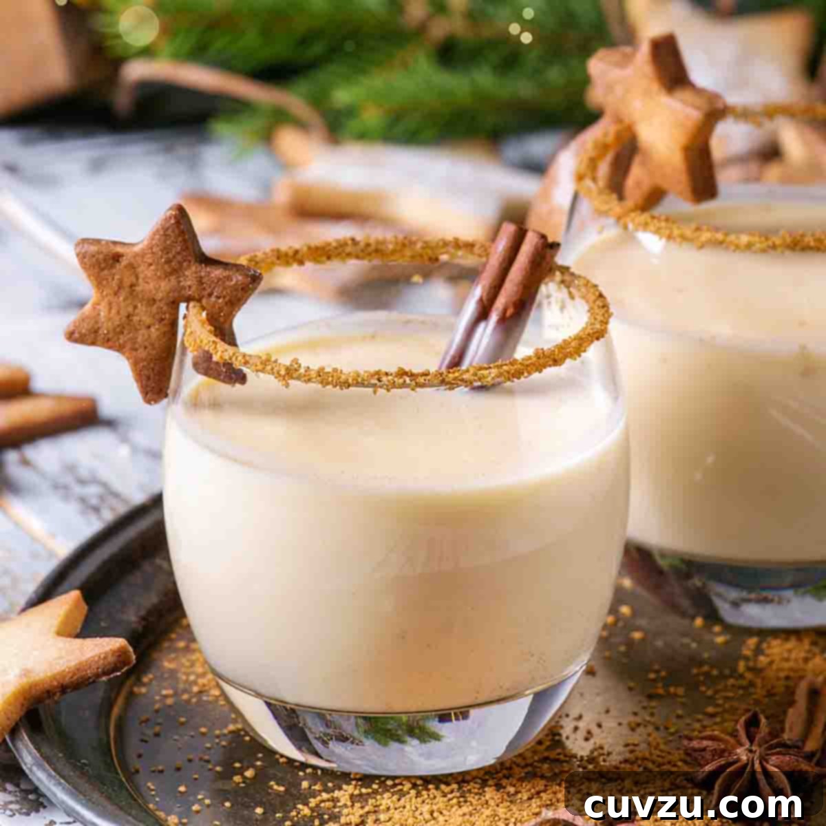 Two eggnogs in glasses with a gingerbread star on the lip and a rim of cinnamon.