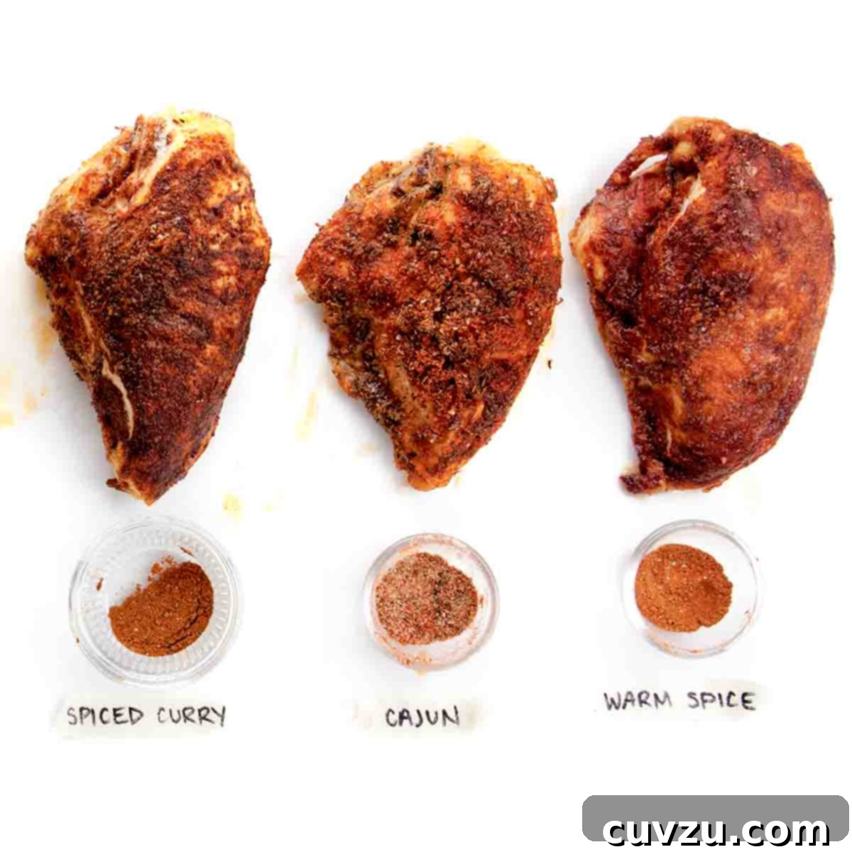 Six Flavorful Bone-In Chicken Breast Dinners 3 Three spiced roast chicken thighs, with warm spice, cajun, and spiced curry coatings.