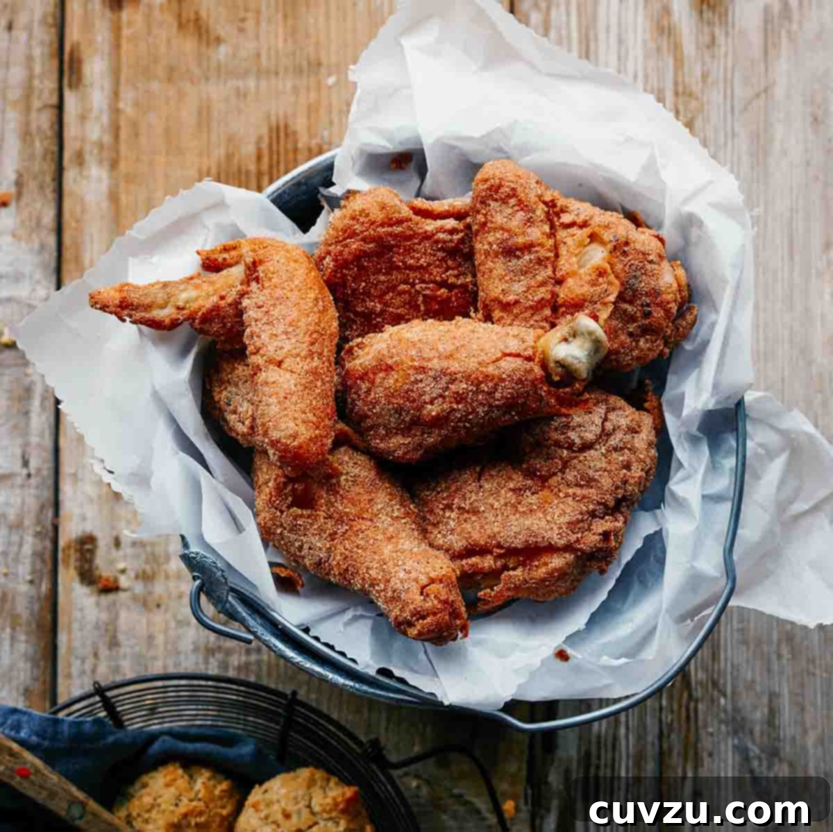 Six Flavorful Bone-In Chicken Breast Dinners 5 Several pieces of gluten-free dairy-free fried chicken in a parchment-lined metal bucket.