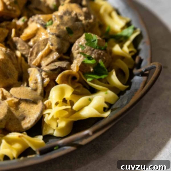 Velvety Meatball Stroganoff 10 A platter of meatball Stroganoff over buttered noodles,