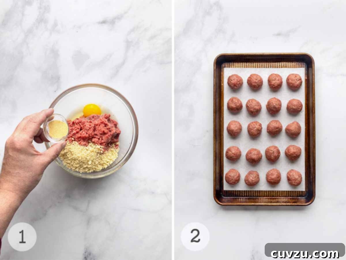 Velvety Meatball Stroganoff 4 Ground beef, panko, and egg in a bowl; 20 meatballs on parchment on a baking sheet.