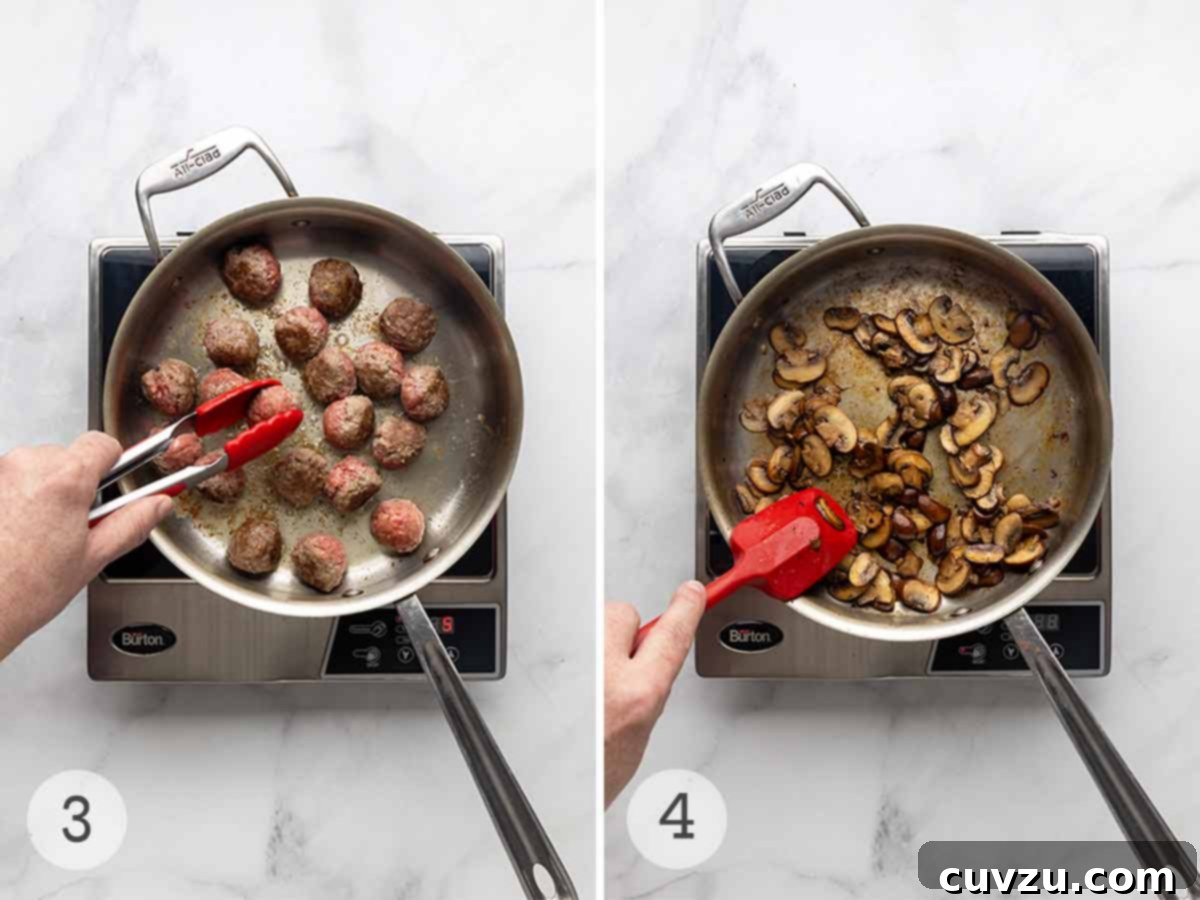 Velvety Meatball Stroganoff 5 Meatballs being seared in a skillet; mushrooms being seared in a skillet