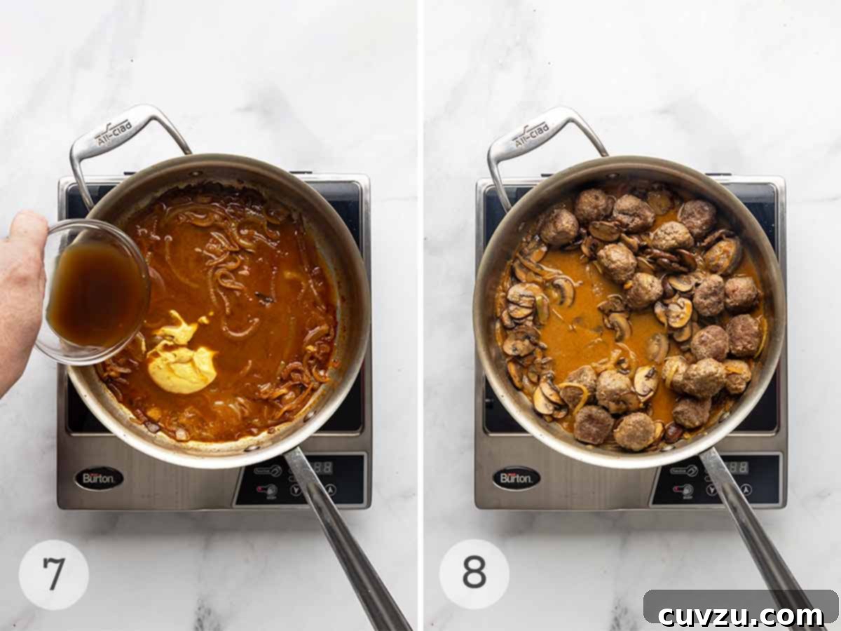 Velvety Meatball Stroganoff 7 A skillet of cooked onions in a wine sauce with Dijon mustard being stirred in; a skillet of meatball Stroganoff.