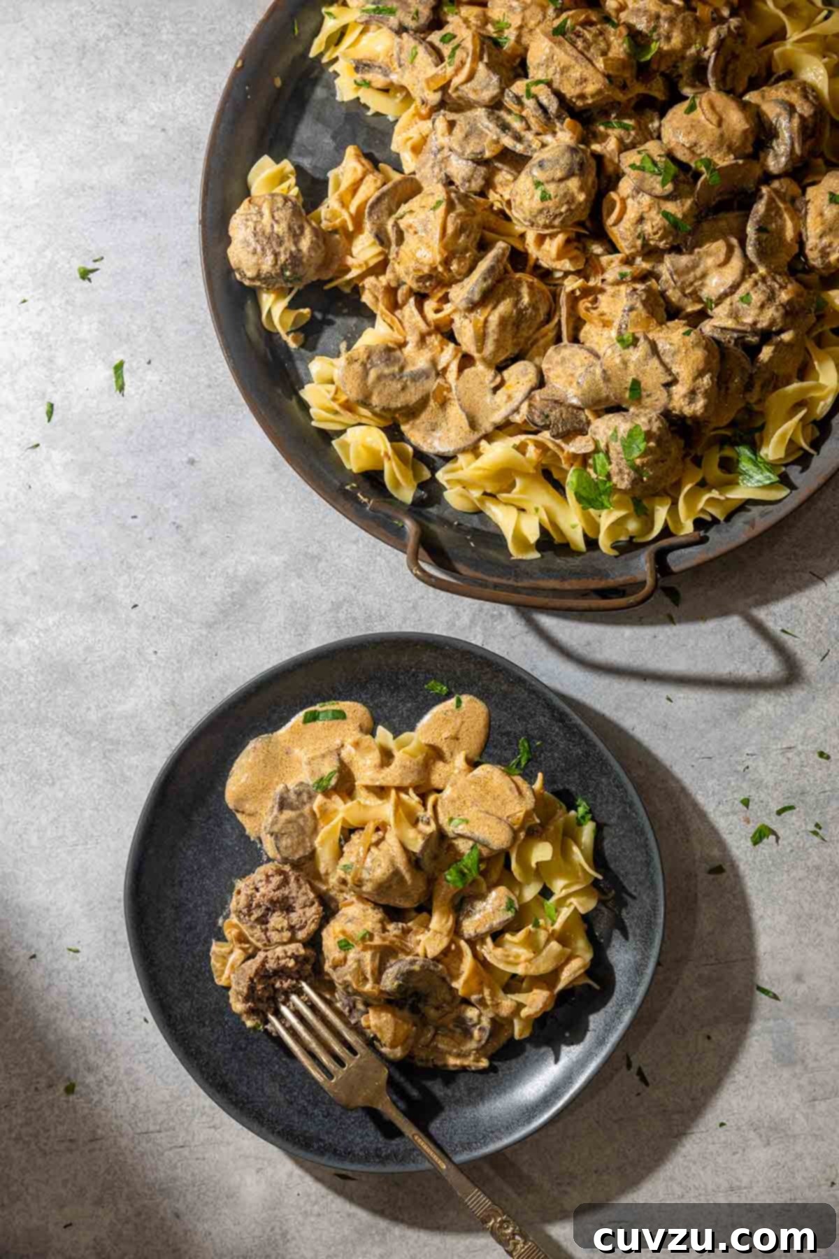 Velvety Meatball Stroganoff 9 A platter of meatball Stroganoff over buttered noodles next to a black plate filled with the same.