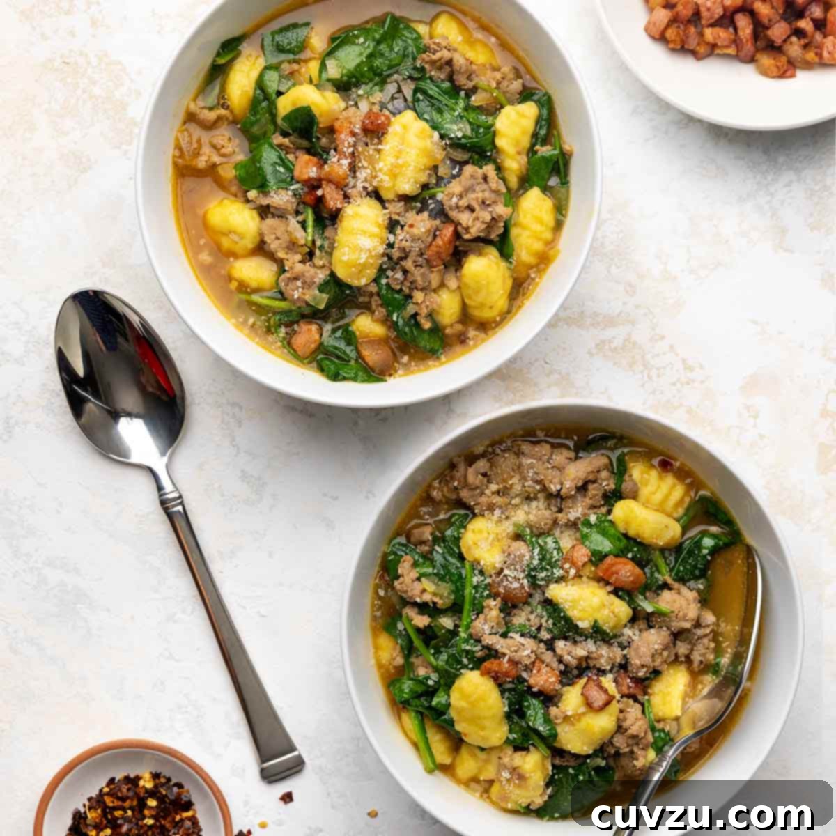 Two bowls of Italian sausage soup with gnocchi and spinach.