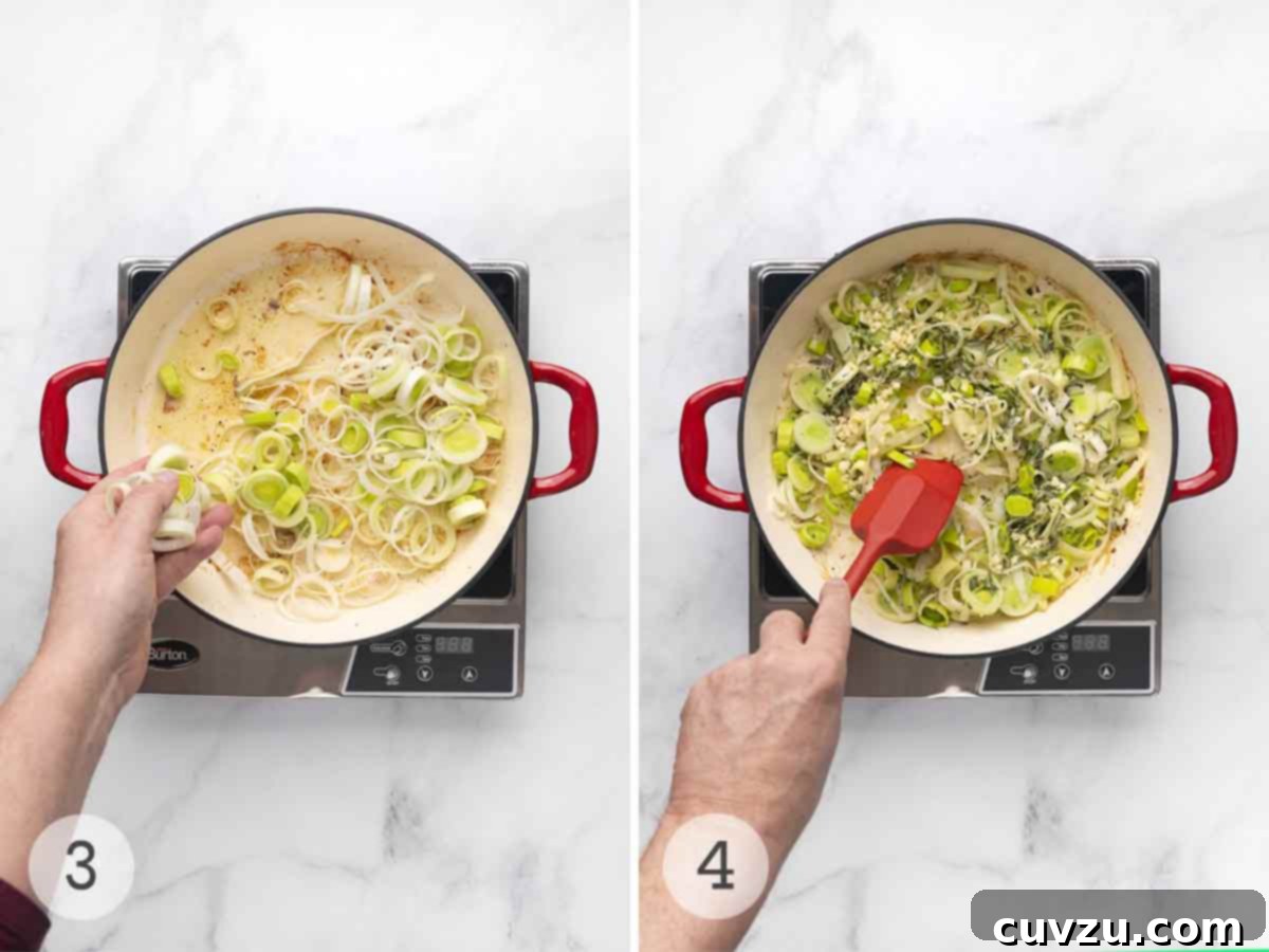 Velvety Cider-Braised Rosemary Chicken with Cannellini Beans 6 Sliced leeks being added to the same skillet after the chicken has been removed, followed by a person gently sautéing the leeks until they begin to soften and become fragrant.