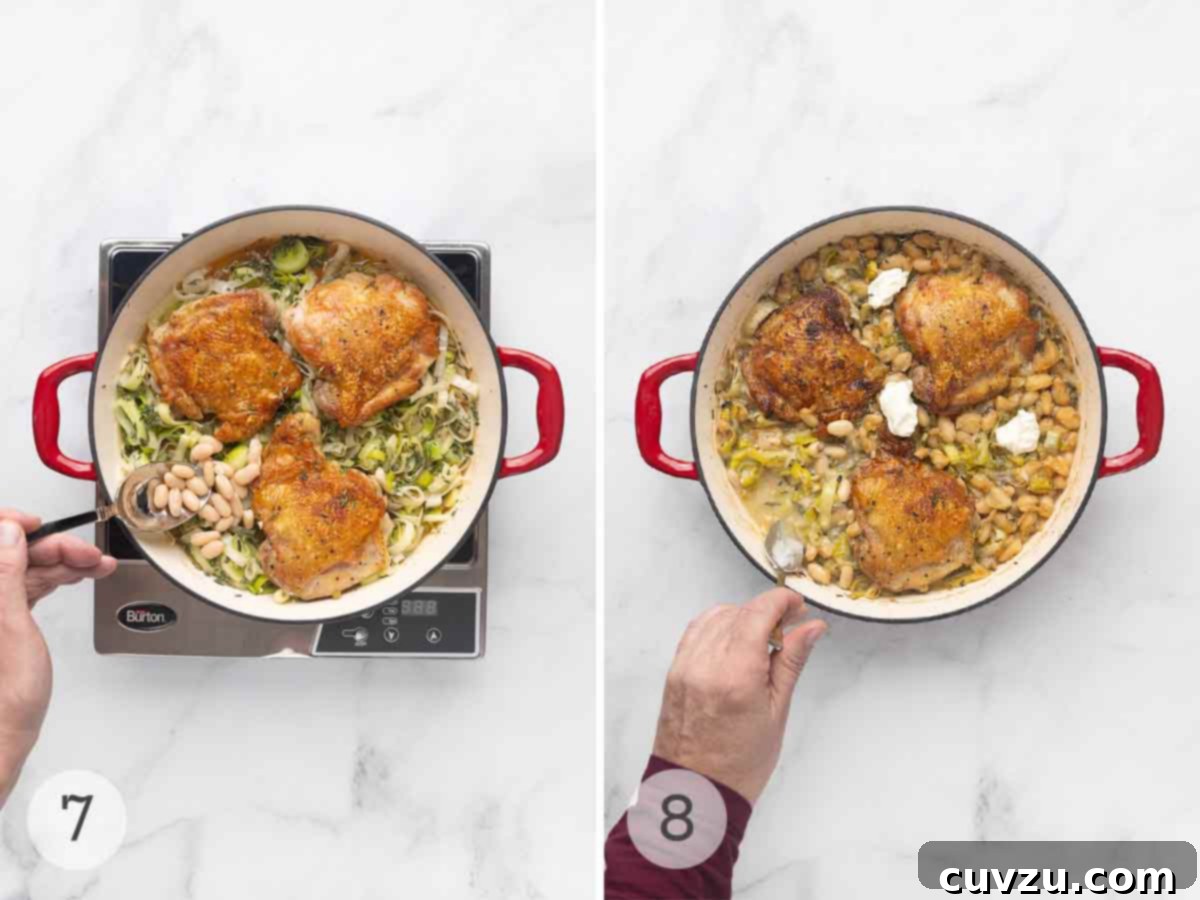 Velvety Cider-Braised Rosemary Chicken with Cannellini Beans 8 After roasting, a person spoons creamy cannellini beans around the chicken thighs, then stirs in a generous dollop of sour cream to create a rich, velvety sauce.