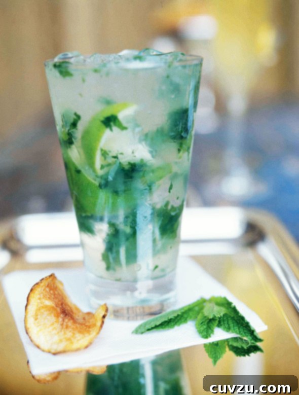 A southside cocktail on a napkin on a silver tray with a potato chip and sprig of mint beside it.