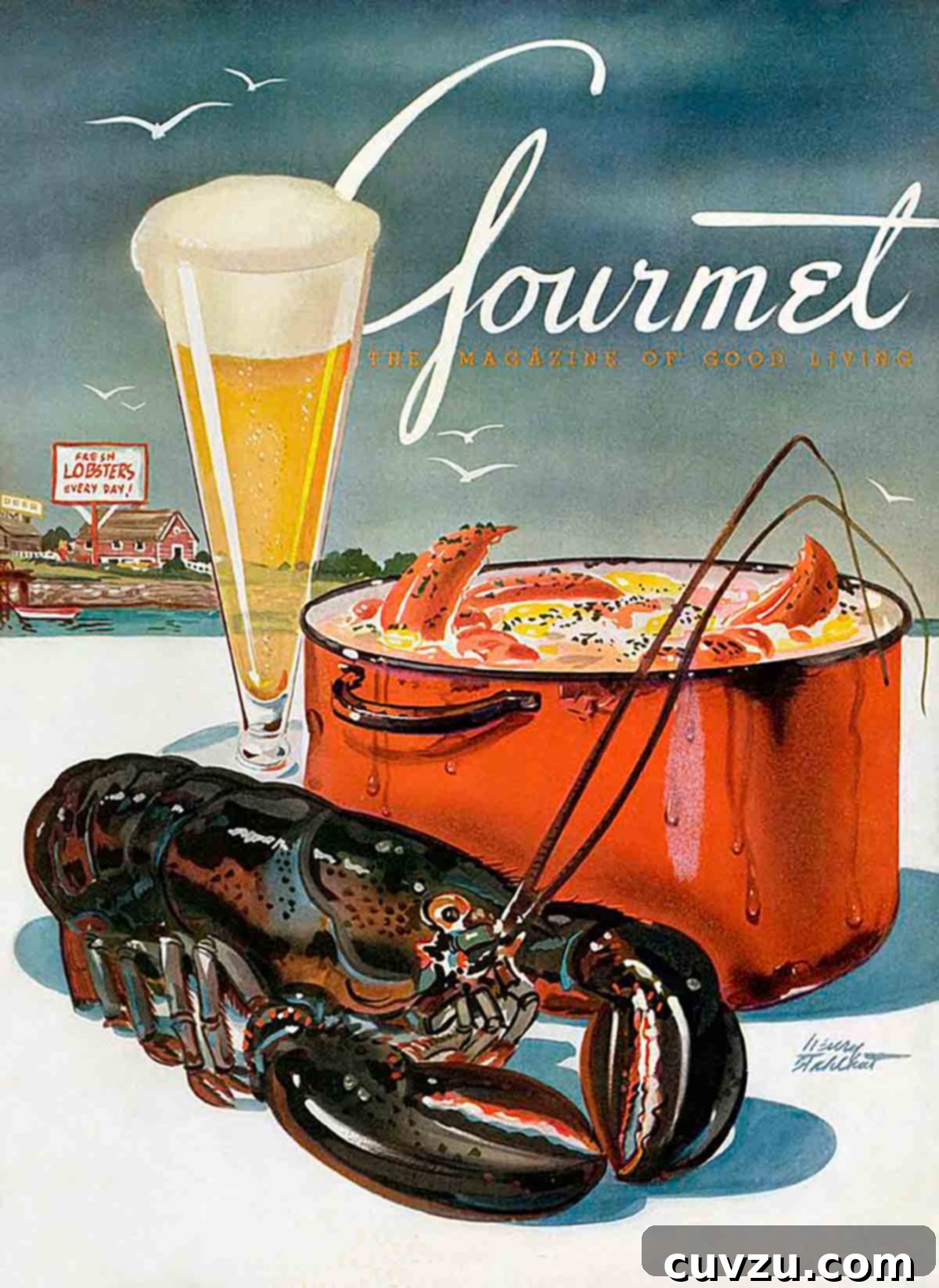 Lobster Rolls Mayo Versus Butter A Flavor Showdown 5 The cover of a vintage Gourmet magazine, featuring a striking image of a whole cooked lobster alongside a traditional lobster pot, symbolizing the rich culinary tradition and allure of seafood.
