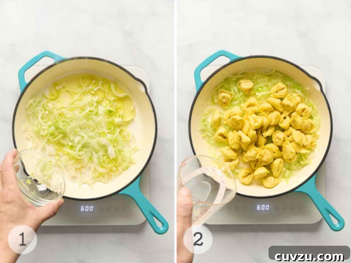 Creamy One-Pan Prosciutto Pea Tortellini 6 Step-by-step process of making one-pot tortellini: First, olive oil and sliced leeks are sautéed in a deep skillet. Second, tortellini and water are added to the mixture, ready to be covered and steamed.
