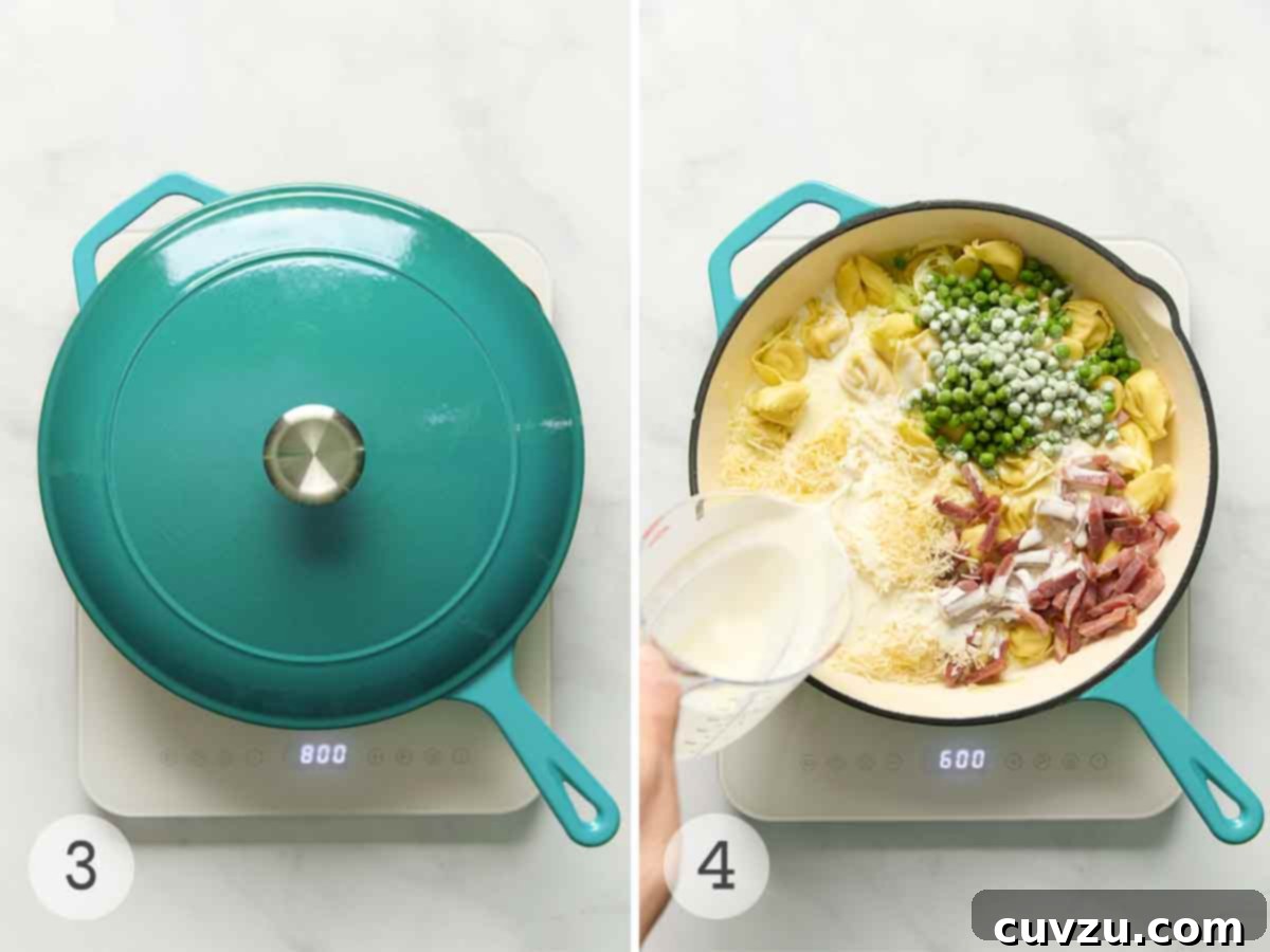 Creamy One-Pan Prosciutto Pea Tortellini 7 Step-by-step cooking: First, a covered skillet steams tortellini. Second, cream, cheese, peas, and prosciutto are stirred into the cooked tortellini, creating a creamy sauce.