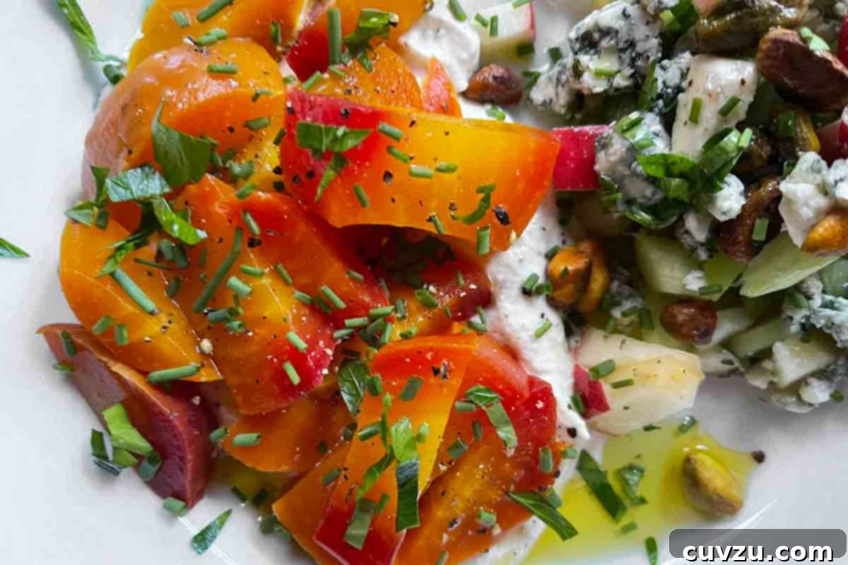 Creamy Whipped Feta 17 A golden beet salad sitting on top of whipped feta.