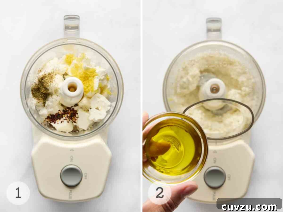 Creamy Whipped Feta 6 Feta, lemon, oregano, and pepper flakes in the bowl of a food processor; a person adding oil to the blended mixture.