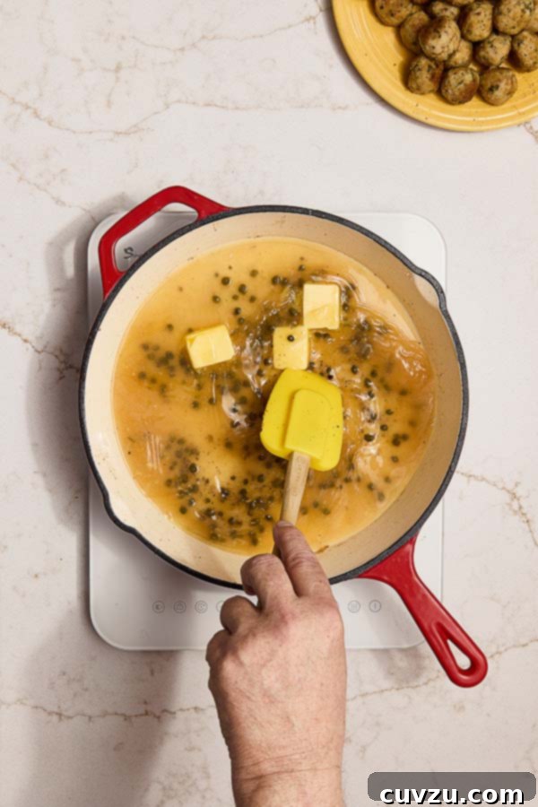 Lemon Caper Chicken Meatballs 12 Capers and butter stirred into sauce for chicken piccata meatballs.