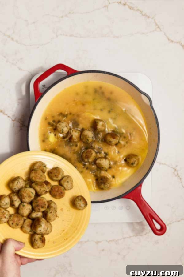 Lemon Caper Chicken Meatballs 13 Chicken meatballs added back to pan to simmer in piccata sauce.