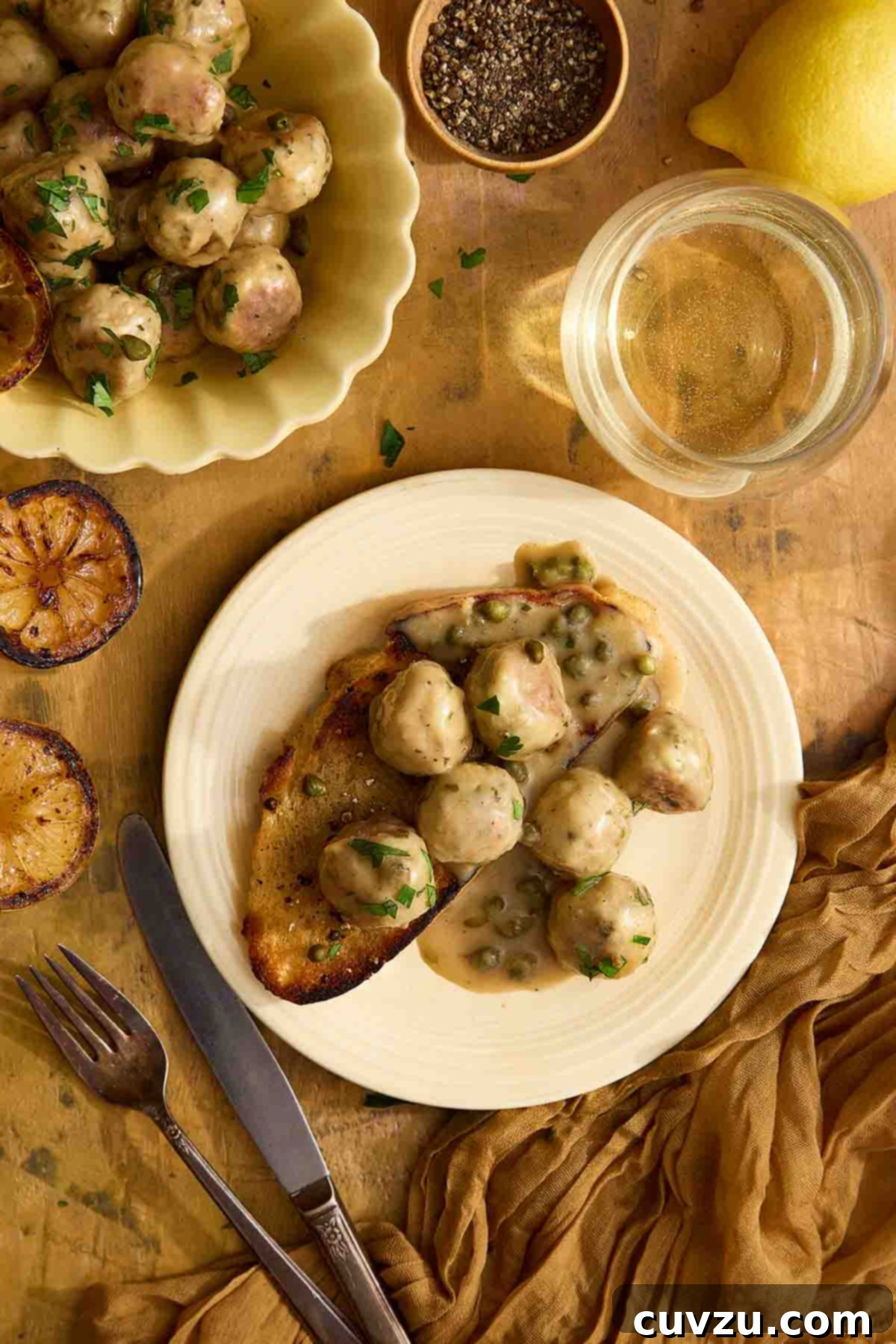 Lemon Caper Chicken Meatballs 14 Chicken piccata meatballs on grilled sourdough with lemon and capers, served on a yellow plate with white wine.