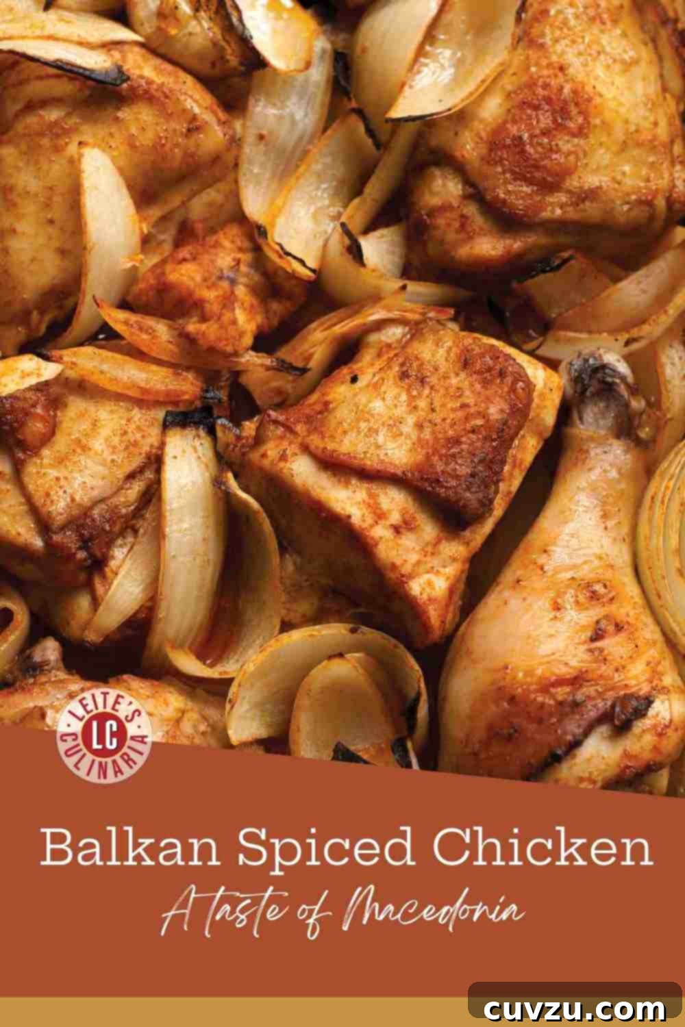 Macedonian Village Spiced Chicken 3 A rustic pan of traditional Balkan spiced chicken from Macedonia, featuring perfectly roasted chicken pieces and sweet onions.