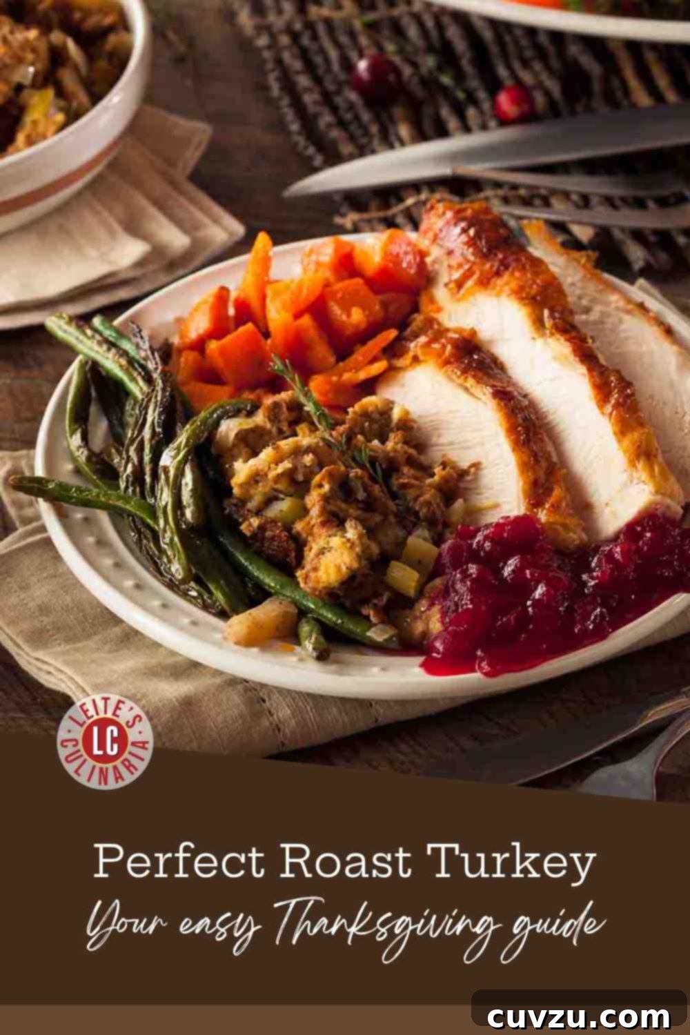 Holiday Turkey with All the Trimmings 3 A plate of classic roasted turkey surrounded by chunks of roasted carrots and parsnips, with a scoop of herbed stuffing.